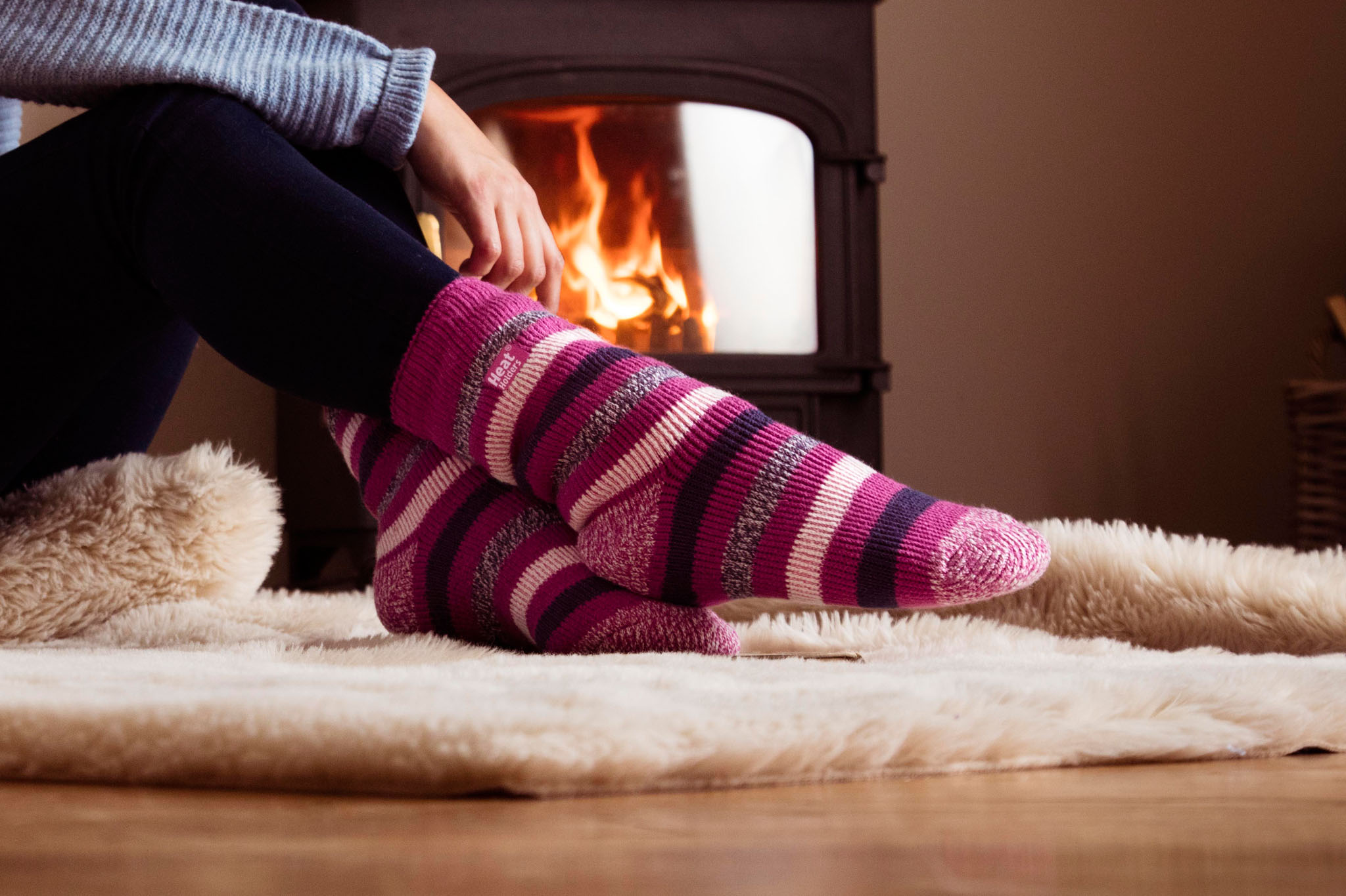 Ladies Original Heathfield Lounge Socks with Turnover Top - Pink Strip –  Heat Holders